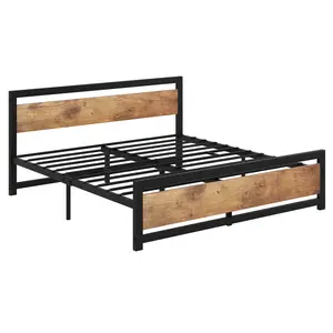 Metal Platform Bed Frame with Rustic Wood Headboard & Footboard, 700 lb Heavy Duty Steel Slat Support, 14 in High Bed Frame with Underbed Storage, No Box Spring Needed, Noise-Reducing Vintage Industrial Bedroom Frame for Full, Queen & King Mattresses
