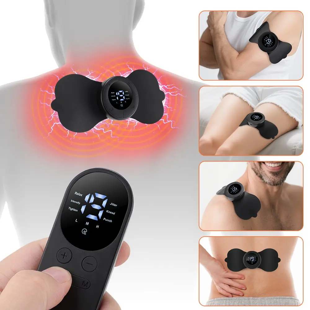 Cordless Heating Pulse Muscle Stimulator, Portable Mini Electric Massage Patch with LCD Remote Control, 6 Modes, 19 Intensity Levels & 3 Heat Settings, for Neck Shoulder Back Leg, Full Body Muscle Relax