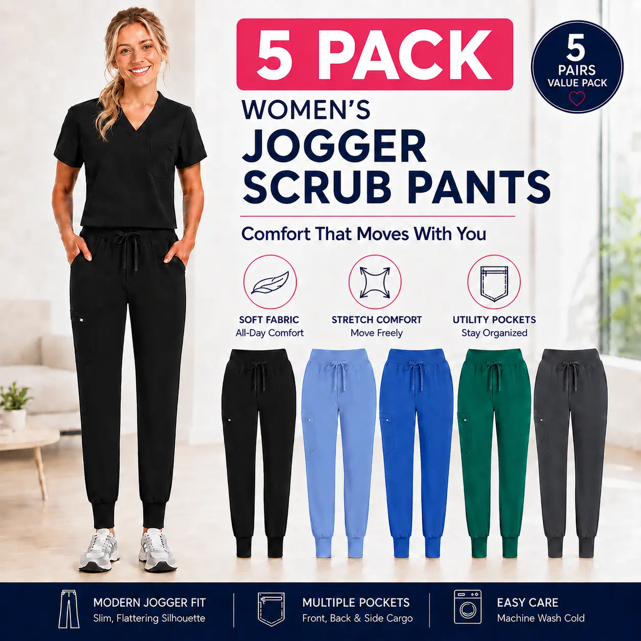 Women's Fit Jogger Cargo Scrub Pants 5-Pack - Solid Soft Stretch Medical Workwear, Ribbed Cuffs, Multiple Pockets, Black Scrubs Sets for Nurses, Jogger Cargo Pants