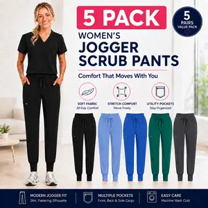 Women's Jogger Scrub Pants, 5 Pack Solid Soft Stretch Medical Workwear with Ribbed Cuffs and Multiple Pockets for Nurses