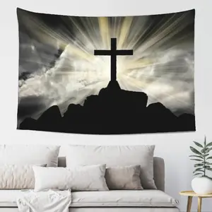 Faith Light Cross Tapestry 5ft x 3ft 60in x 40in, Spiritual Cloud Wall Hanging Tapestry for Bedroom Dorm Living Room Prayer Room Church Event Backdrop, Peach Skin Fabric Indoor Outdoor Home Decor Wall Art Gift for Christian Peaceful Room Decor
