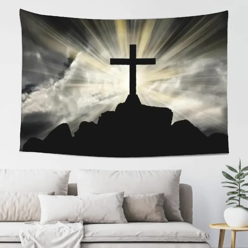 Faith Light Cross Tapestry 5ft x 3ft 60in x 40in, Spiritual Cloud Wall Hanging Tapestry for Bedroom Dorm Living Room Prayer Room Church Event Backdrop, Peach Skin Fabric Indoor Outdoor Home Decor Wall Art Gift for Christian Peaceful Room Decor