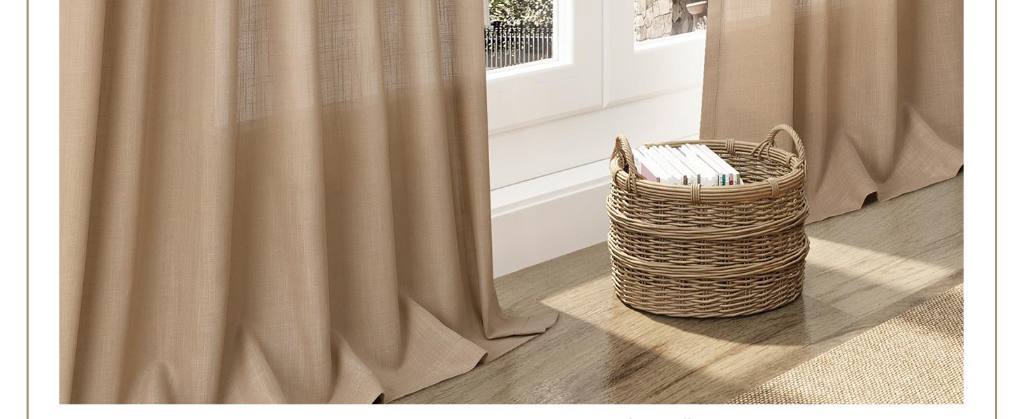 Tan Semi Sheer Curtains 108 Inches Long 2 Panels Set Back Tab Loop Pocket Linen Blend Boho Large Window Curtain Extra Long Light Filtering Drapes High Ceiling Drape for Living Room 40x108