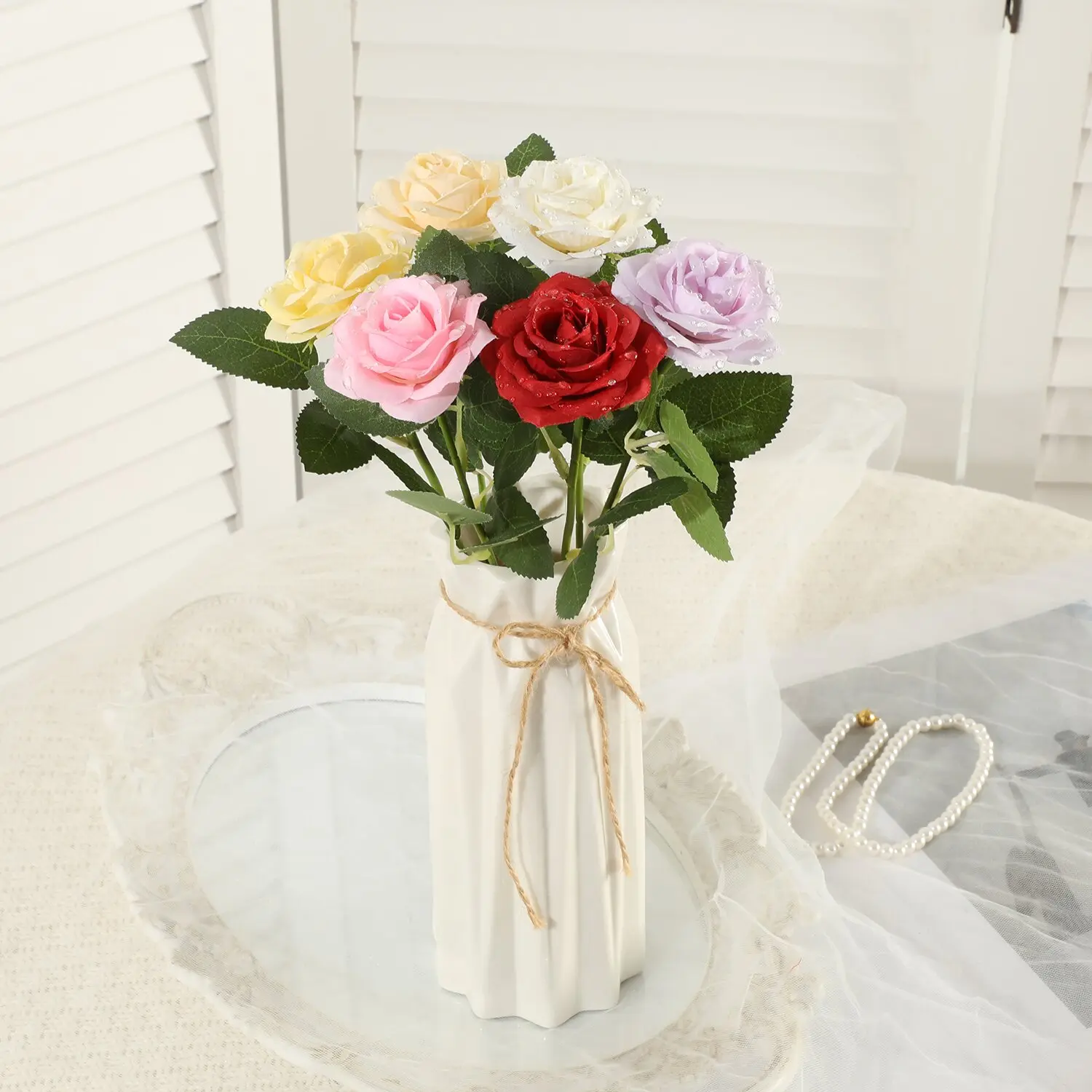 12 pieces of creative water-drop dewdrop rose artificial flower decorations for living room, table centerpieces, table bouquets, silk flower arrangements, and flower arrangement art pieces.