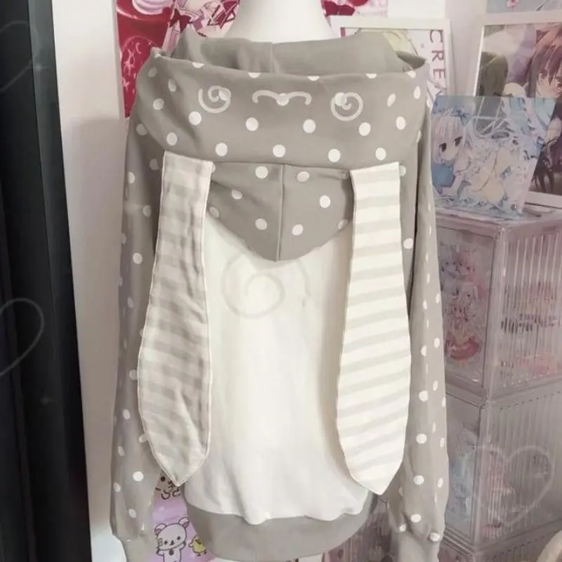 Women Japane Kawaii Rabbit Ear Hooded Hoodies Women Sweet Cute ZipLace Polka Dot Print Overcoat Casual Fashion Loose Coat New