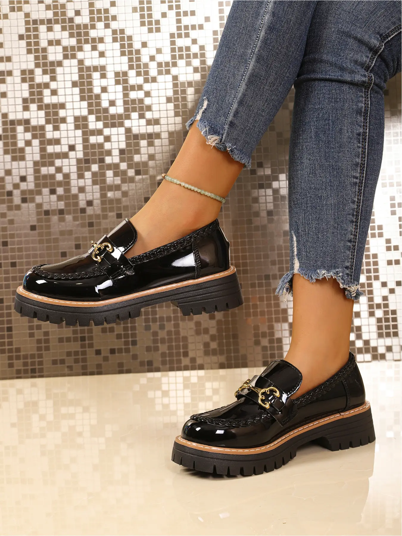 Cool Patent Metal Buckle Platform Slip On Flats for Women, Black Brown Low Top Loafers, Chunky Lug Sole Retro Casual Oxfords