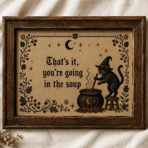 “That's It, You're Going in the Soup” Framed Wall Art, Funny Black Cat with Witch Hat, Printed Decor with Faux Cross-Stitch Look, Gothic Cottagecore Quote Design