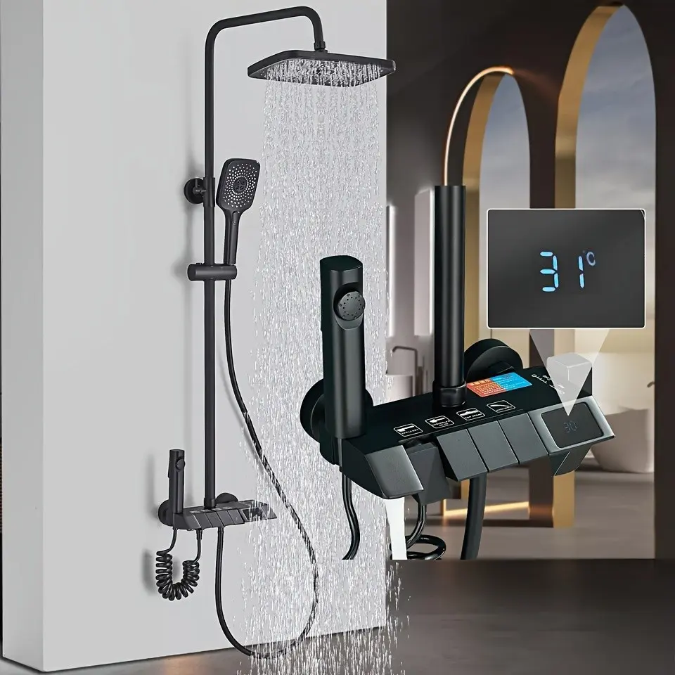 Matte Black Exposed Shower Faucet Set System with 4-Function Brass Body ABS Hand Sprayer, Wall Mounted Outdoor Shower Fixtures with Digital Display for Bathroom Backyard, Full Body Water Coverage, No Power Operation, Rectangle Shape
