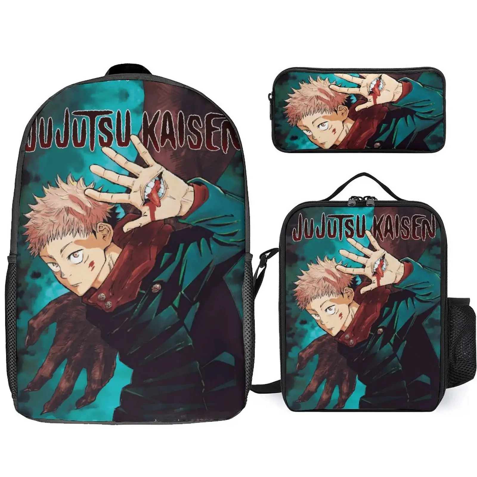 Jujutsu Anime Kaisen Yuji Itadori Backpack Set, 3 Piece Backpack Set With Lunch Box Pen Box , High Capacity Bookbag Lunch Bag Pencil Case Workplace Travel