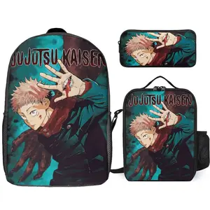 Jujutsu Anime Kaisen Yuji Itadori Backpack Set, 3 Piece Backpack Set With Lunch Box Pen Box , High Capacity Bookbag Lunch Bag Pencil Case Workplace Travel