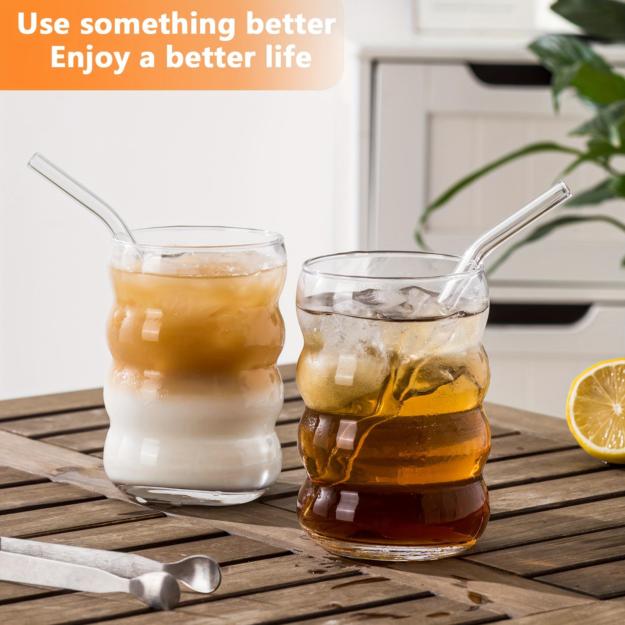 16oz Wave Bubble Water Cup with Straw & Brush, 2/4 Counts Reusable Cute Coffee Cup, Ice Coffee Cup, Drinking Glasses for Home Office Use, Kitchenware