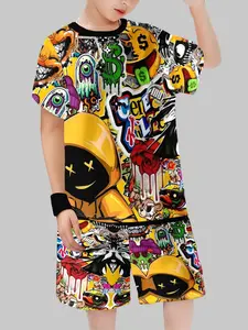 Boys' Fashion 3D Printed Casual Suit, Short Sleeve Top and Shorts, Geometric Pattern, Fitted, All Seasons, Outdoor T-Shirt Set, Summer Clothing Set