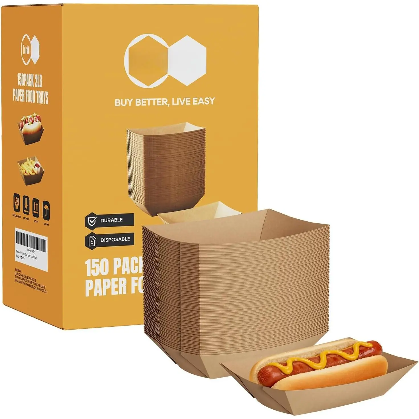 Disposable Paper  Trays 2lb, 150 Pack Brown Paper  - Heavy Duty Holders for  Fries, Nachos, Hot Dogs, Tacos, Popcorn -  Resistant Snack  for  , Parties, Delivery
