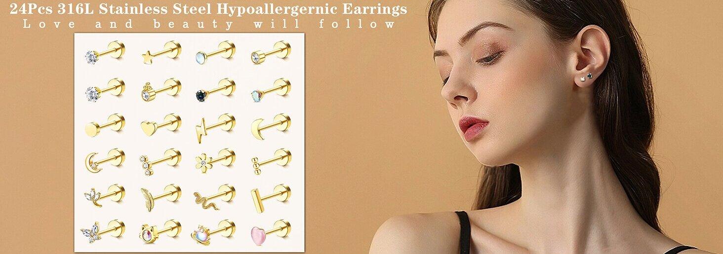 Exquisite 24Pcs Cartilage Earrings for Women Men 20G Surgical Steel Flat Back Stud Earrings CZ Helix Conch Small Flatback Earrings Hypoallergenic Nap Earrings