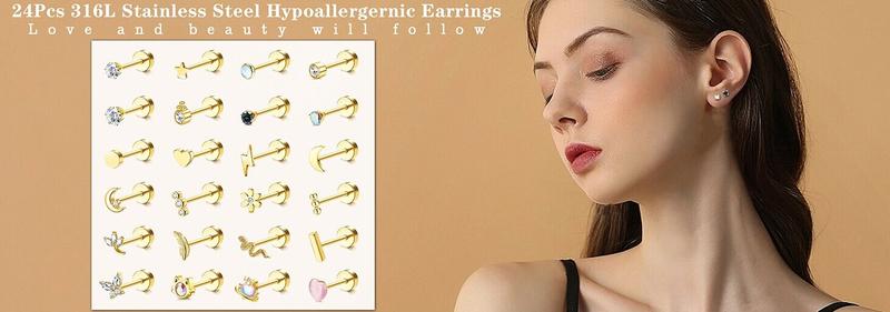 Exquisite 24Pcs Cartilage Earrings for Women Men 20G Surgical Steel Flat Back Stud Earrings CZ Helix Conch Small Flatback Earrings Hypoallergenic Nap Earrings