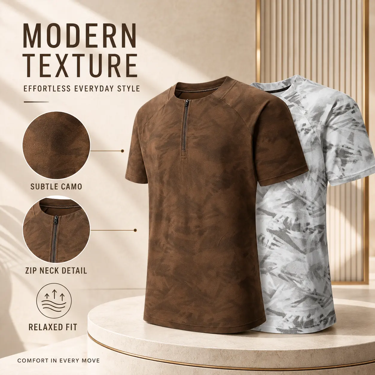 Men's Quarter Zip Camo Short Sleeve T-Shirt, Raglan Sleeve Quick Dry Outdoor Sports Tee