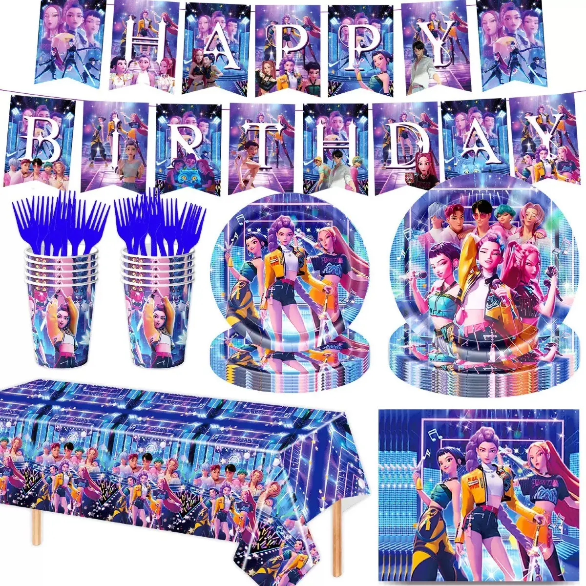 A set of blue children's birthday party supplies prepared by the popular anime singing exorcist girl band for fans, including banners, plates, cups, tablecloths, and napkins, perfect for decorating boy themed birthday parties