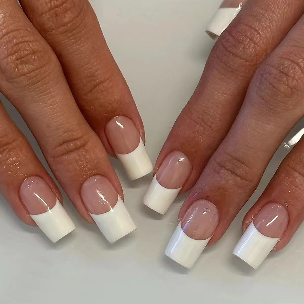 Square Shape Detachable French White Edge Simple Style Press On Nails Full Cover Reusable Fake Nail Tips Set For Women Girls Daily Office Casual Wear Party Events, Solid Color White Fy-01-106 Jelly Glue