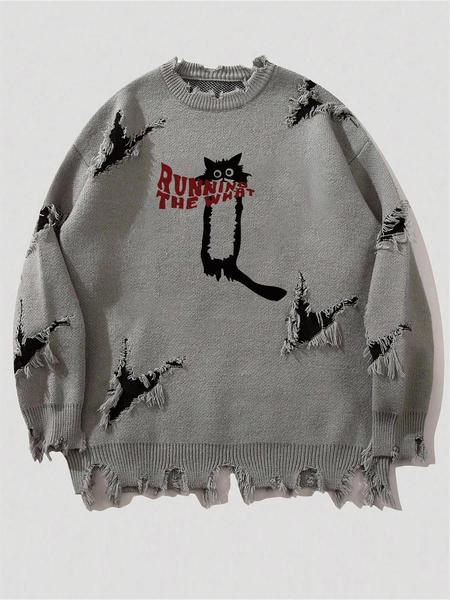 Men's Pattern Sweaters Retro Gothic Long Sleeve Crew neck Pullover knitted Top, Knitwear Tops, Grunge Skull Dollars Design, Aesthetic Gesture Warm Loose Fit Comfortable Jumper,Daily life,Hip-hop, Street wear, Going Out, Halloween Fall Winter Clothes