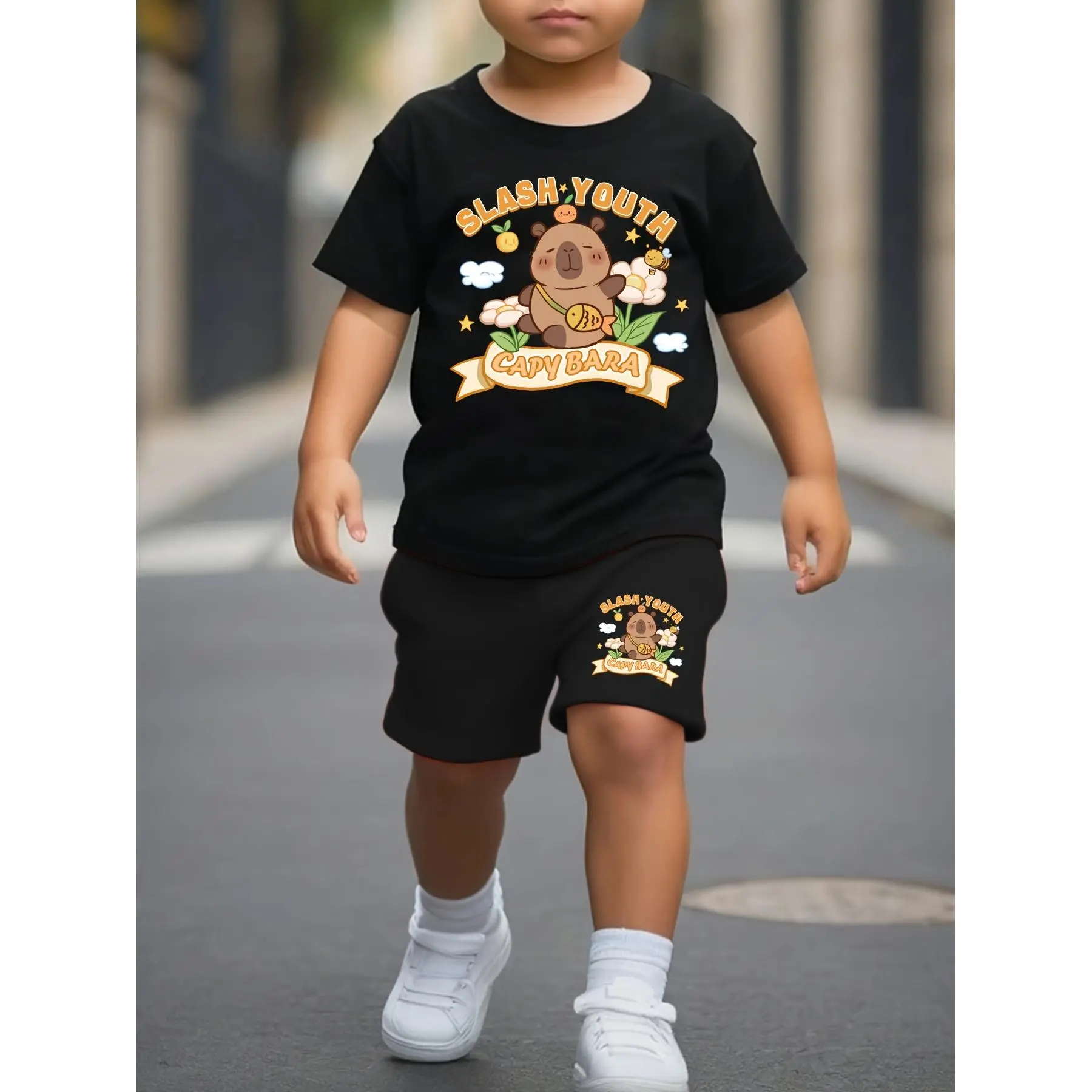 CAPYBARA Summer Boys' Fashion Short Sleeve Shorts Set with Cute Children's Short Sleeve T-Shirt and Shorts Casual Set Featuring Floral, Bee, and Capybara Cartoon Print Pattern