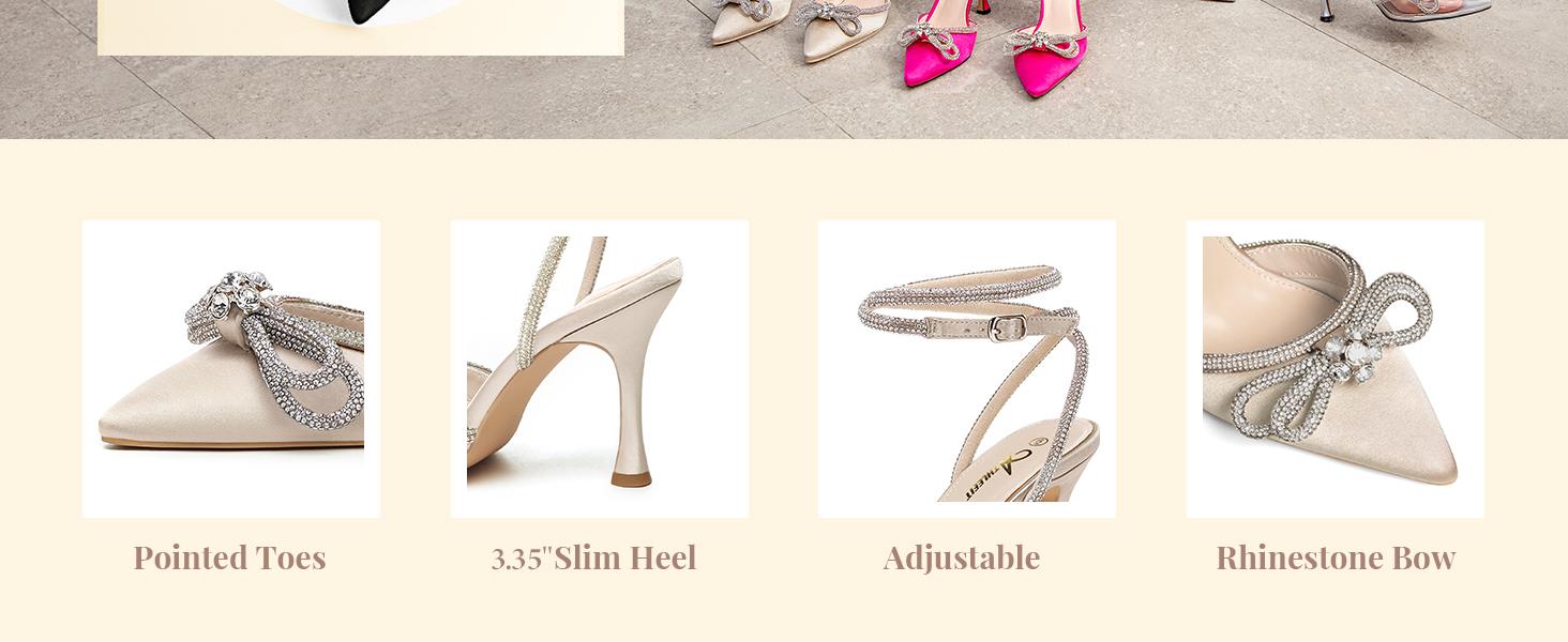 Athlefit Women's Rhinestone Bow Heels Ankle Strap Pointed Toe Stiletto Heeled Sandals Wedding Bridal Dress Pumps Shoes Footwear Summer Girl Weight