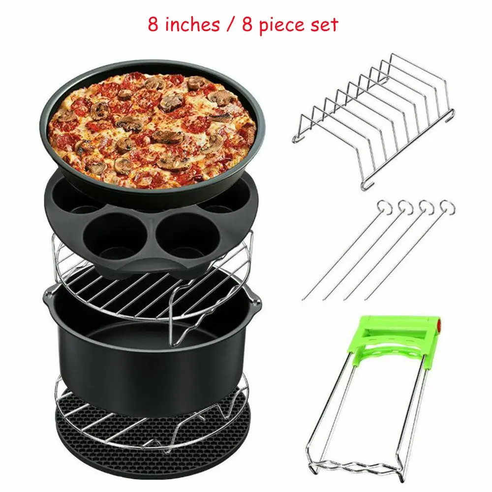8 Inch 8-Piece Air Fryer Accessories Set, Food-Grade Non-Stick Baking Molds, Muffin Cup, Cake Barrel, Pizza Pan, Cake Pizza Steamer Rack, Universal Air Fryer Kitchen Tools, Skewers
