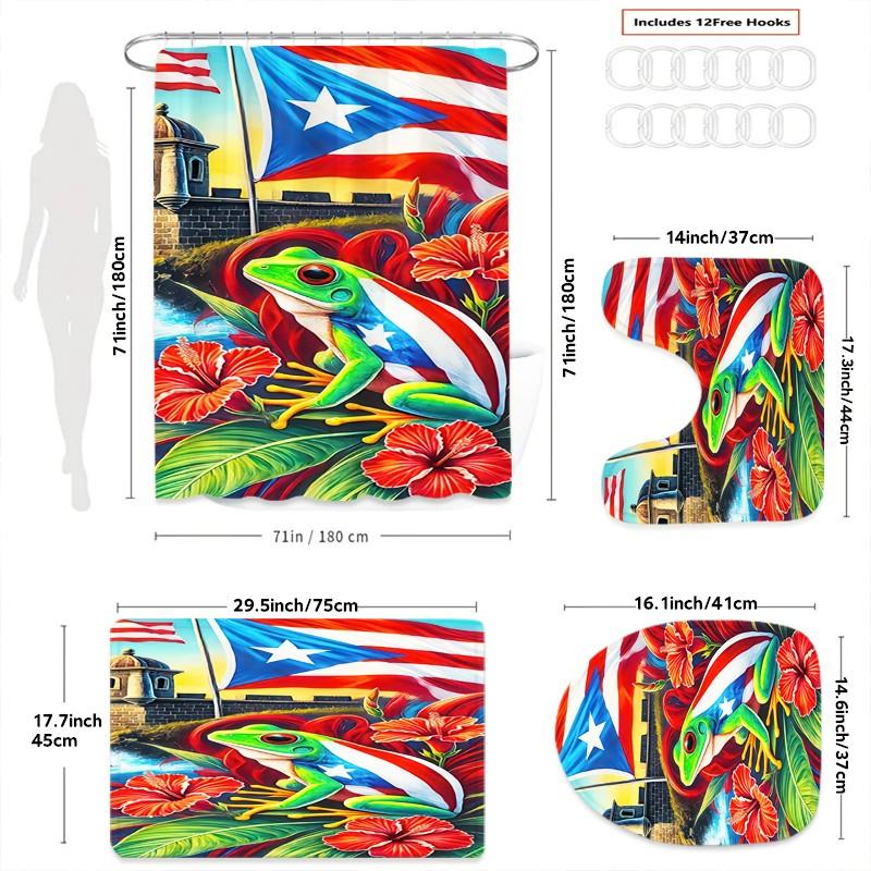 Puerto Rican Theme Cartoon Tree Frog Shower Curtain Set, Polyester Fabric, Fog-Resistant, Modern Home Decor, Includes Bathroom Mats