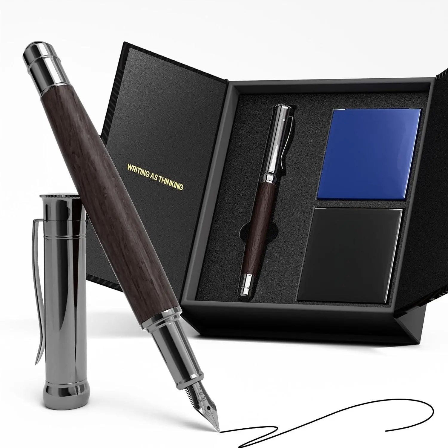 Fountain Pen Set, Fine Nib with 20 count 2.6MM Ink Cartridges(10 Black&10 Blue),1 Ink Converter, Nice Luxury pen for Men, Women, Cool Wooden Fountain Pen for Writing, Journaling, Calligraphy
