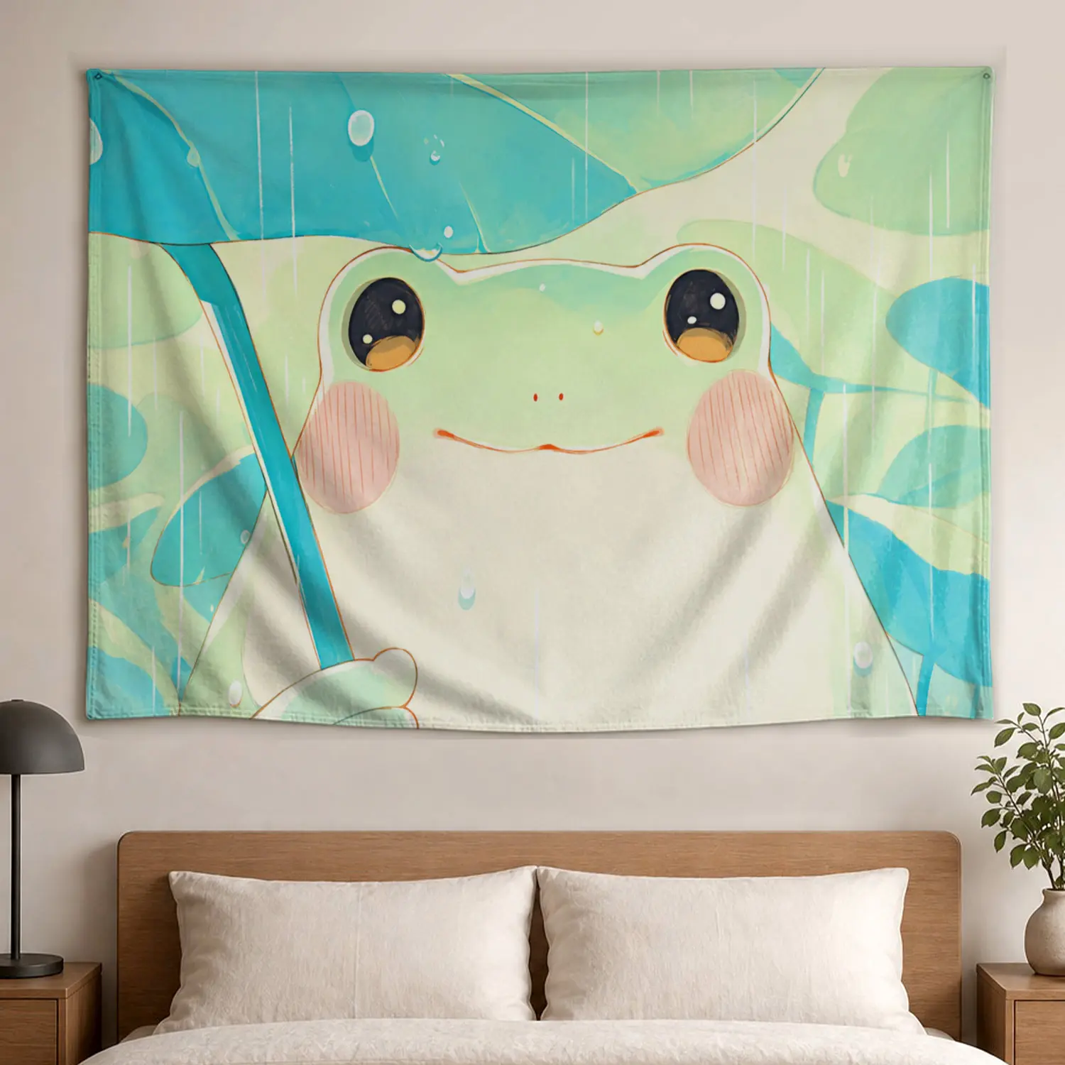 Cute Frog Under Lotus Leaf Rainy Day Aesthetic Wall Tapestry - Large Horizontal Polyester Printed Wall Hanging, No-Installation Decor Artwork, Decoration for Bedroom, Room Decorations Gift for Loved Ones