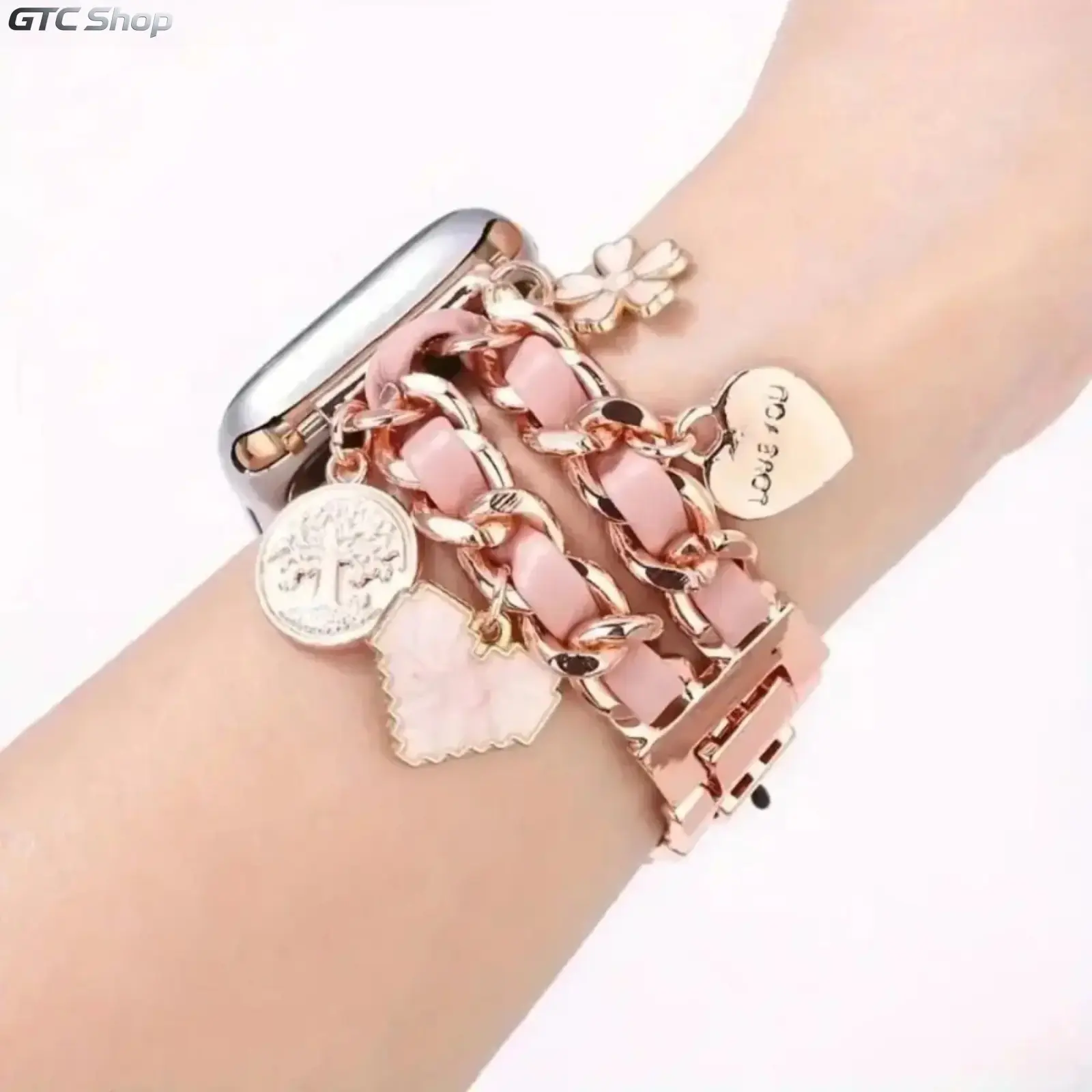 Women's Double-Row Chain Alloy-Leather Hybrid Apple Watch Band, 2026 Fashion Accessory - Compatible with Series & Ultra Models (38-49mm), Stylish Replacement Strap for Daily Wear & Springtime
