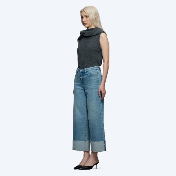 High Waisted Wide Leg Jeans for Women, Vintage Washed Denim with Cuffed Raw Hem, Casual Loose Streetwear