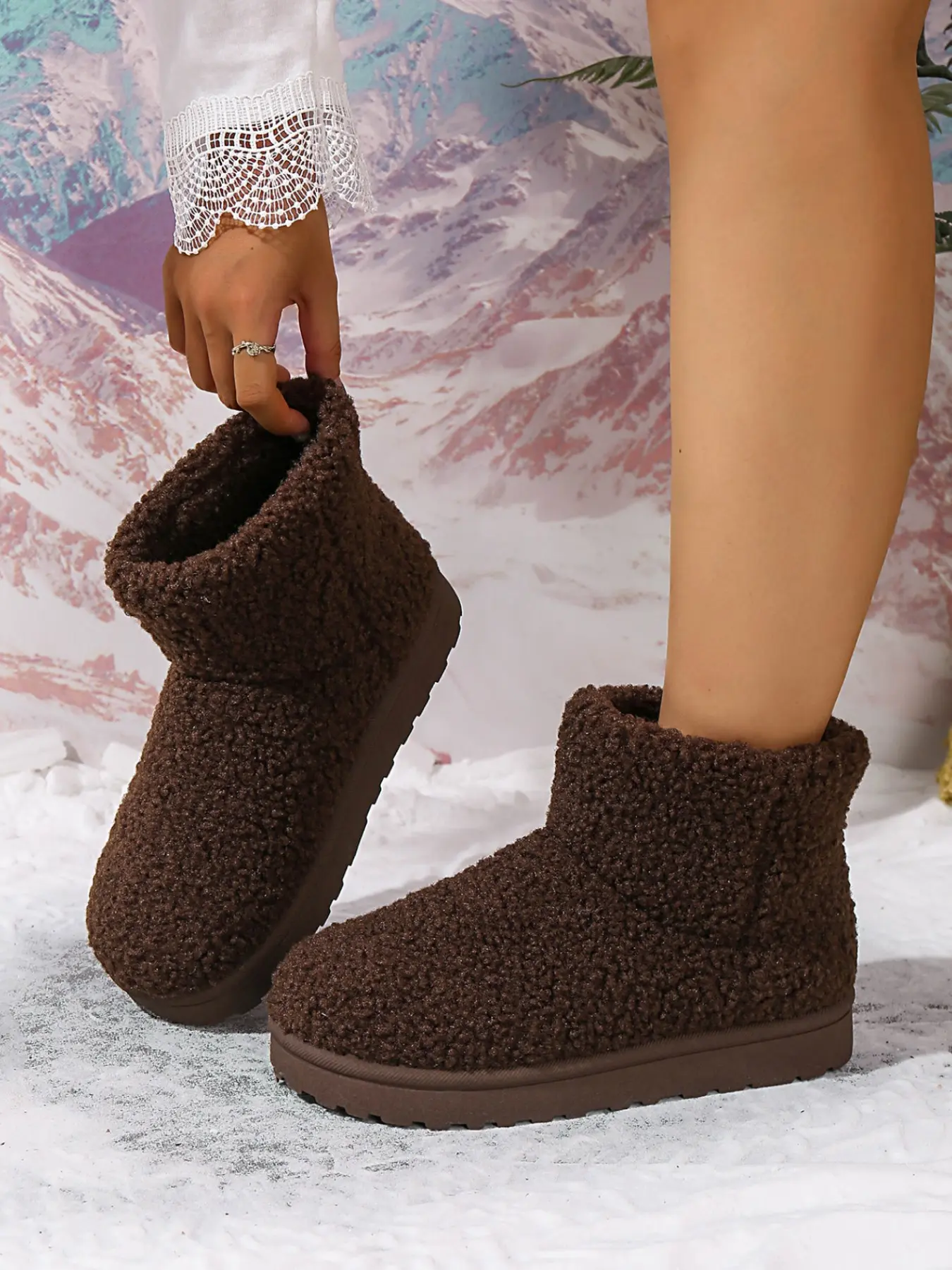 Soft Teddy Fuzzy Plush Ankle Snow Boots for Women, Slip-On Warm Winter Booties, Flat Solid Sole, Above Ankle Height, Textile Upper