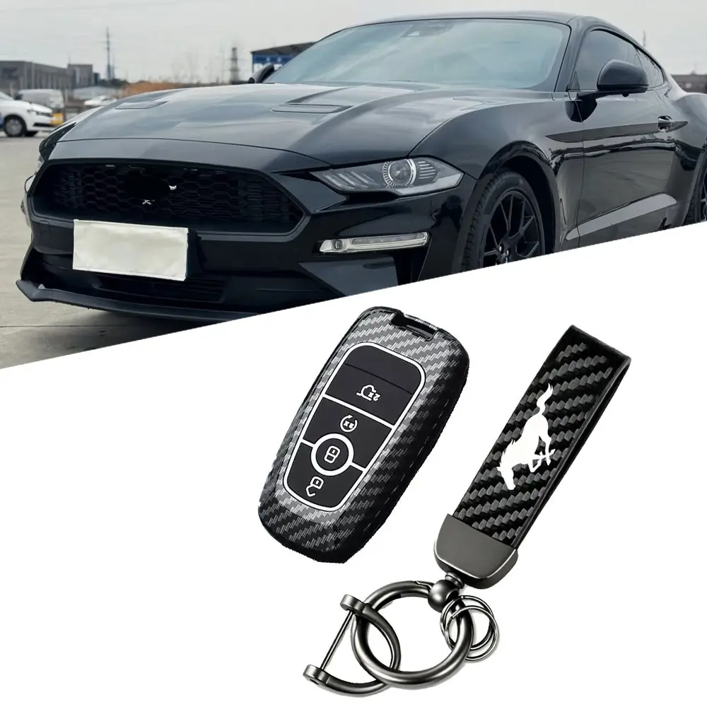 Carbon Fiber Texture Key Case with Keychain for Ford Mustang, Anti-Slip Shockproof Car Key Cover, Stylish Protection