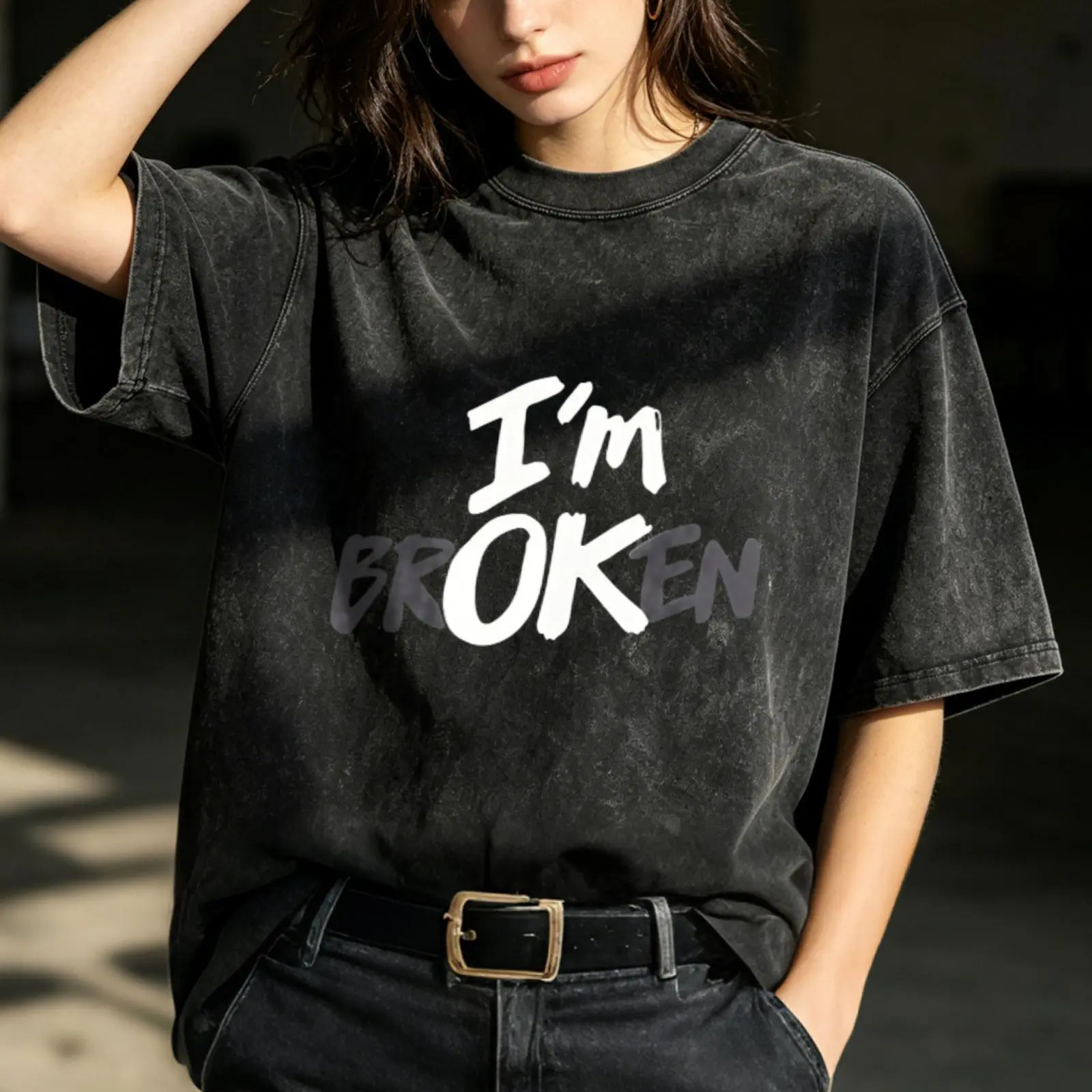 Im Ok Broken Summer Short Sleeve T Shirt Women's washed short sleeved T-shirt, summer short sleeved heavyweight high-quality