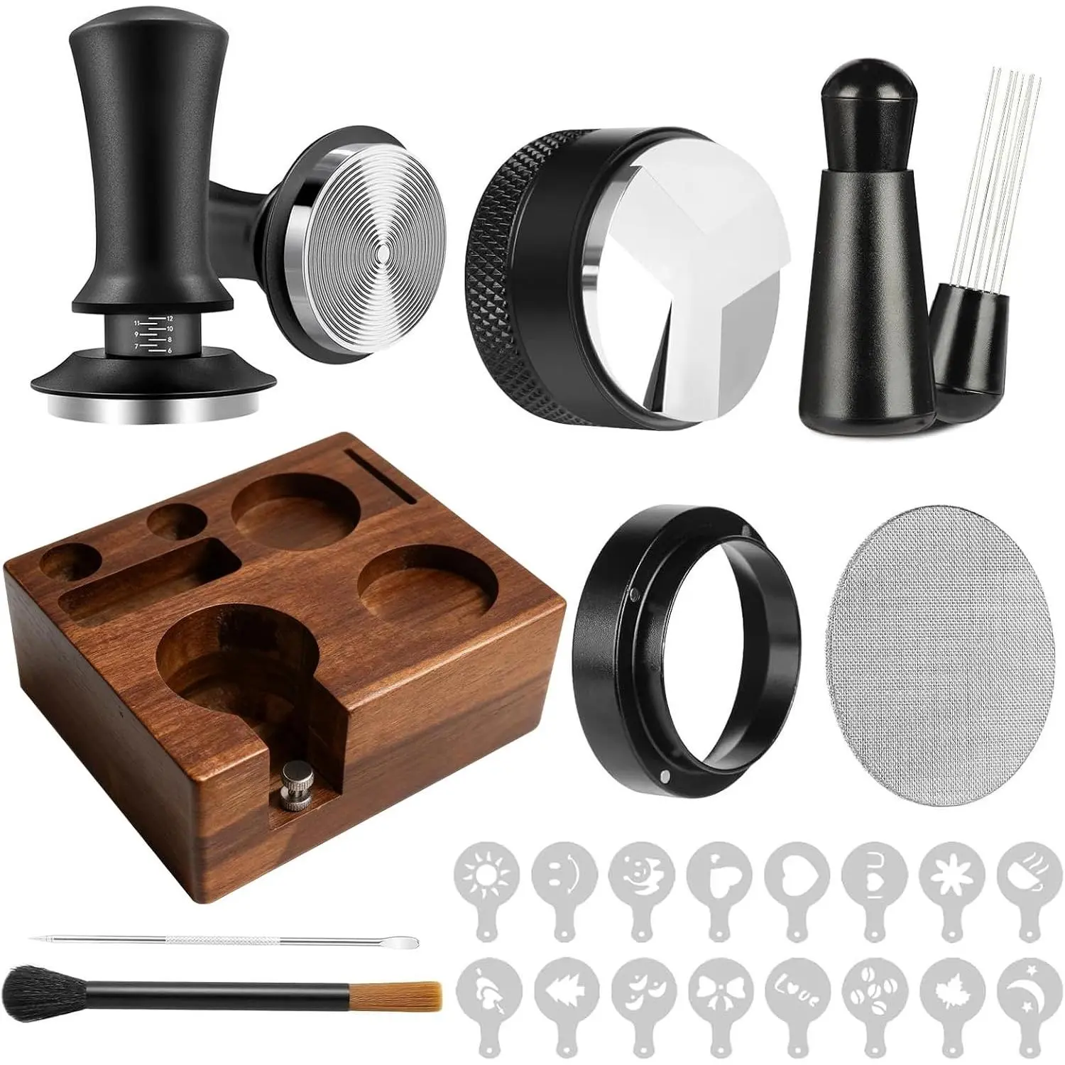 51mm Espresso Accessories Kit, 9 count Espresso Tamper Tools Set | Calibrated Tamper, Acacia  Station, Distributor, WDT Tool, Dosing Funnel, Puck Screen, Latte Art Tool, Decorative Stencil
