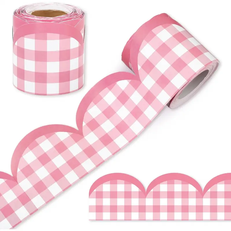 1 Roll Scalloped Bulletin Border - Blue White Gingham & Pink Plaid Trim, DIY Classroom Chalkboard & Party Decoration, Back to School & Summer Essentials