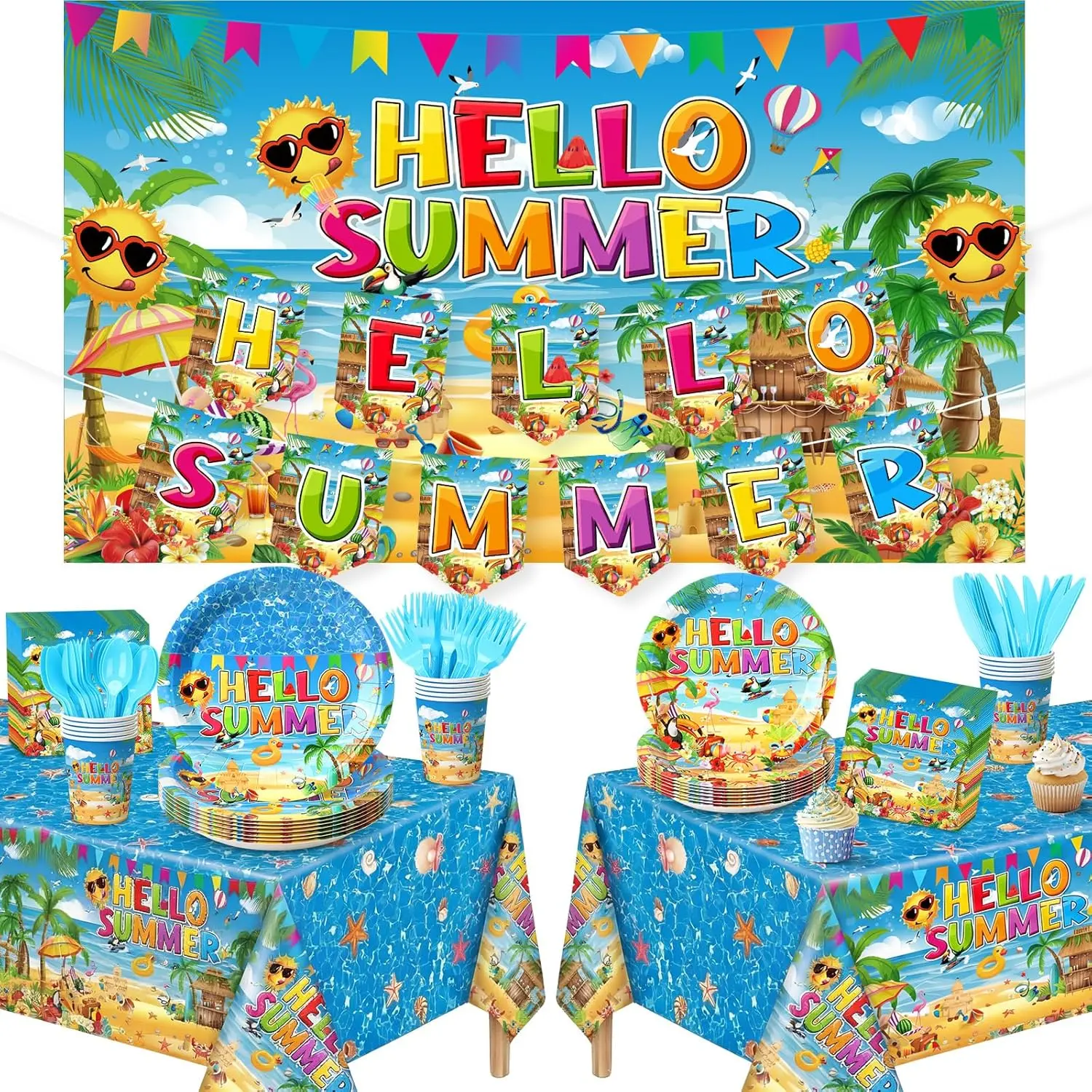 Tatuo 172-Piece Hawaiian Pool Tableware Set (Serves 24) - Summer Beach Party Supplies with Backdrop Banner, Tablecloth, Tropical Plates, Cups, Napkins for Luau Baby Shower Decorations