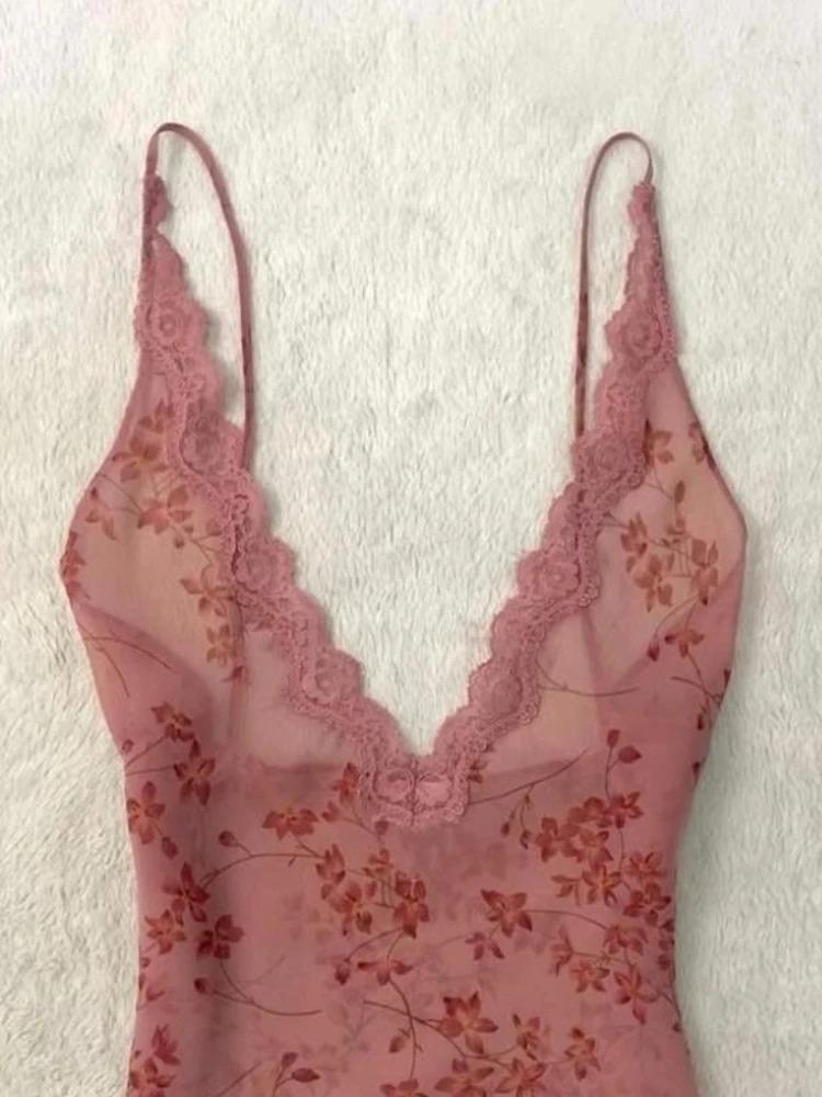 French See Through Sexy Suspender Top Women New Vintage V-neck Lace Vest Hot Girl Print Casual High Street Camis 2000s Outfits