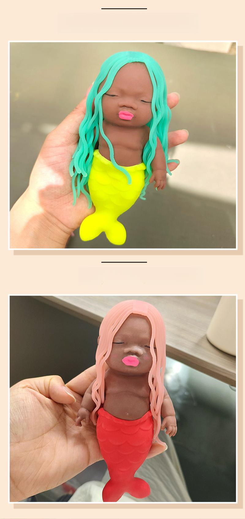 "Ugly-Cute" Long-Haired Mermaid Princess Stress Relief Toy - Black Soft-Gel Squeezable Palm-Sized Doll