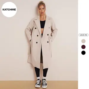 KatchMe Women's Elegant Solid Color Double Breasted Waist  Tie Thermal Outerwear, Versatile Fall & Winter Notch Lapel Jacket, Casual Comfort Outfit