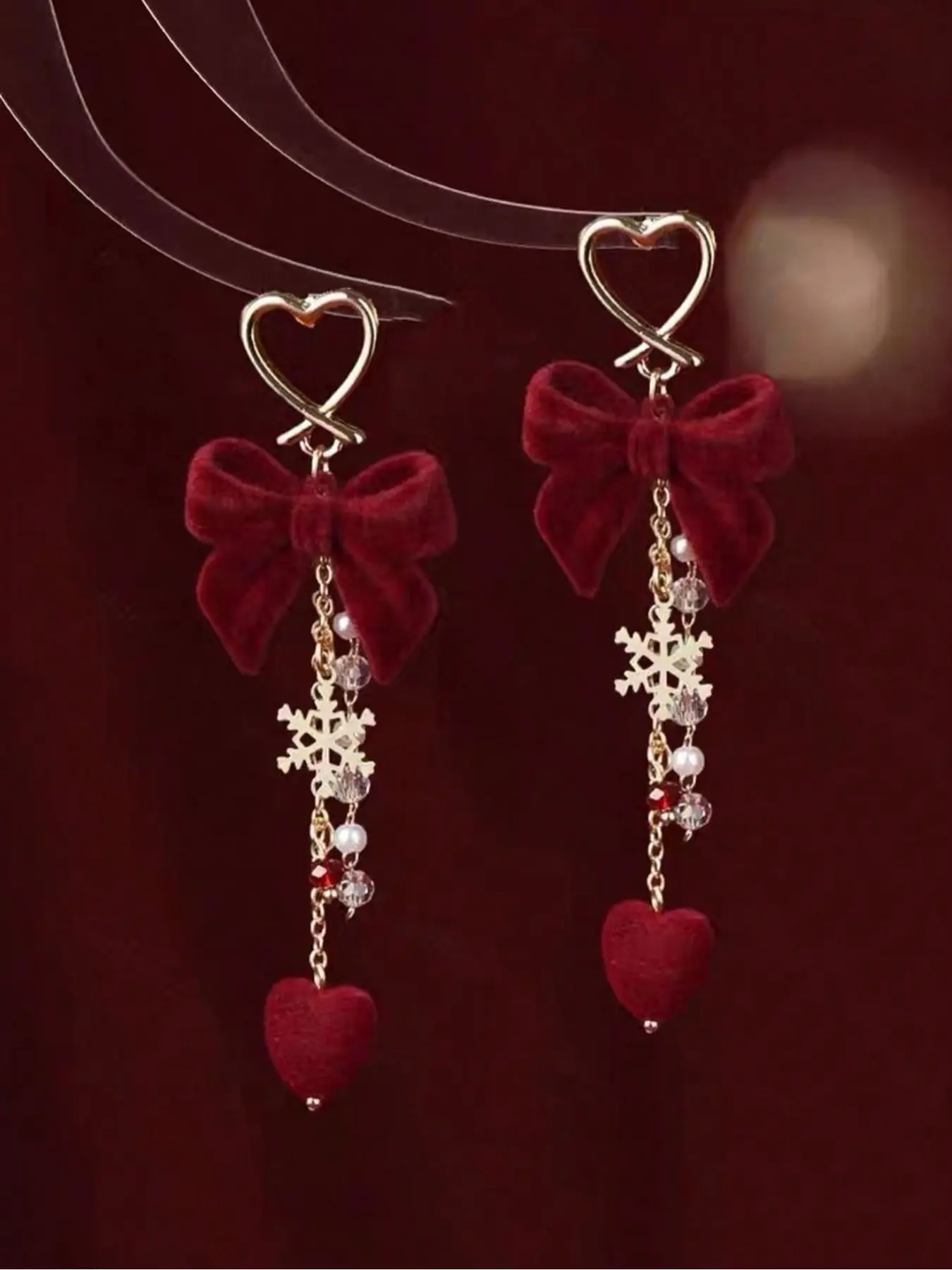 Velvet Bow Heart Long Earrings, Heart Hook Snowflake Pearl Fringe, Christmas New Year Atmosphere Earrings, Elegant Jewelry Gift