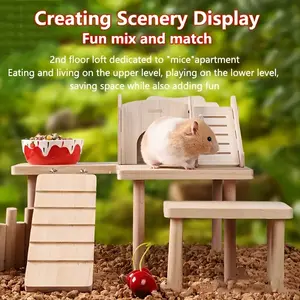 Wooden Hamster Platform Toy Set, Two-Tier Landscape Table with Stairs, Hideout House for Syrian Hamsters, Rodent Accessories