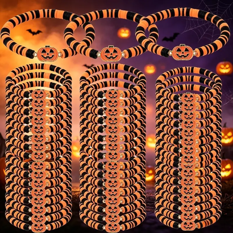 15/30pcs Halloween Pumpkin Polymer Clay Stretchy Bracelets Set - Ideal for Men Women Autumn Parties Halloween Decorations Perfect Gift for Friends & Family