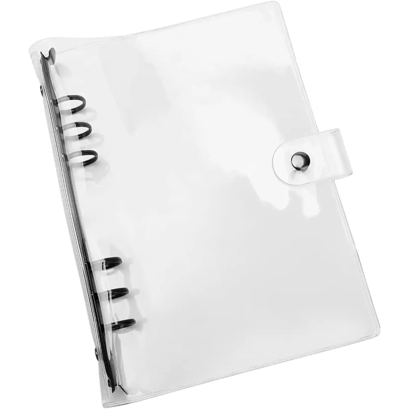 A5 Transparent Soft PVC Binder Cover - Black, 6 Round Rings, Snap Button Closure, Refillable Loose Leaf Folder Notebook Shell Protector