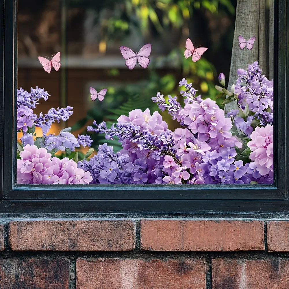 Floral Butterfly Window Sticker, Removable Double-Sided Glass Decal, Vivid Lavender and, Kitchen Living Room Bedroom Decor, Decorative Sticker, Floral Stickers