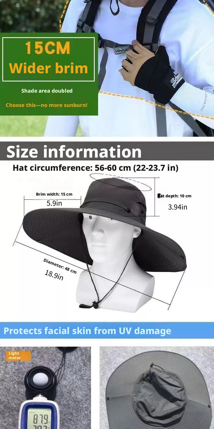 Outdoor camping, hiking, and travel 15CM large brim men's sun protection hat, fishing hat, hiking fisherman hat