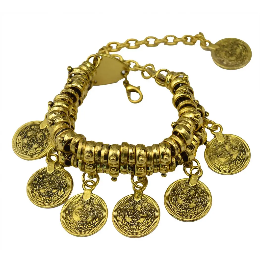 Antique Gold Alloy Coin Charm Bracelet, Bohemian Style Fashion Jewelry for Holiday, Beach Daily Street Wear