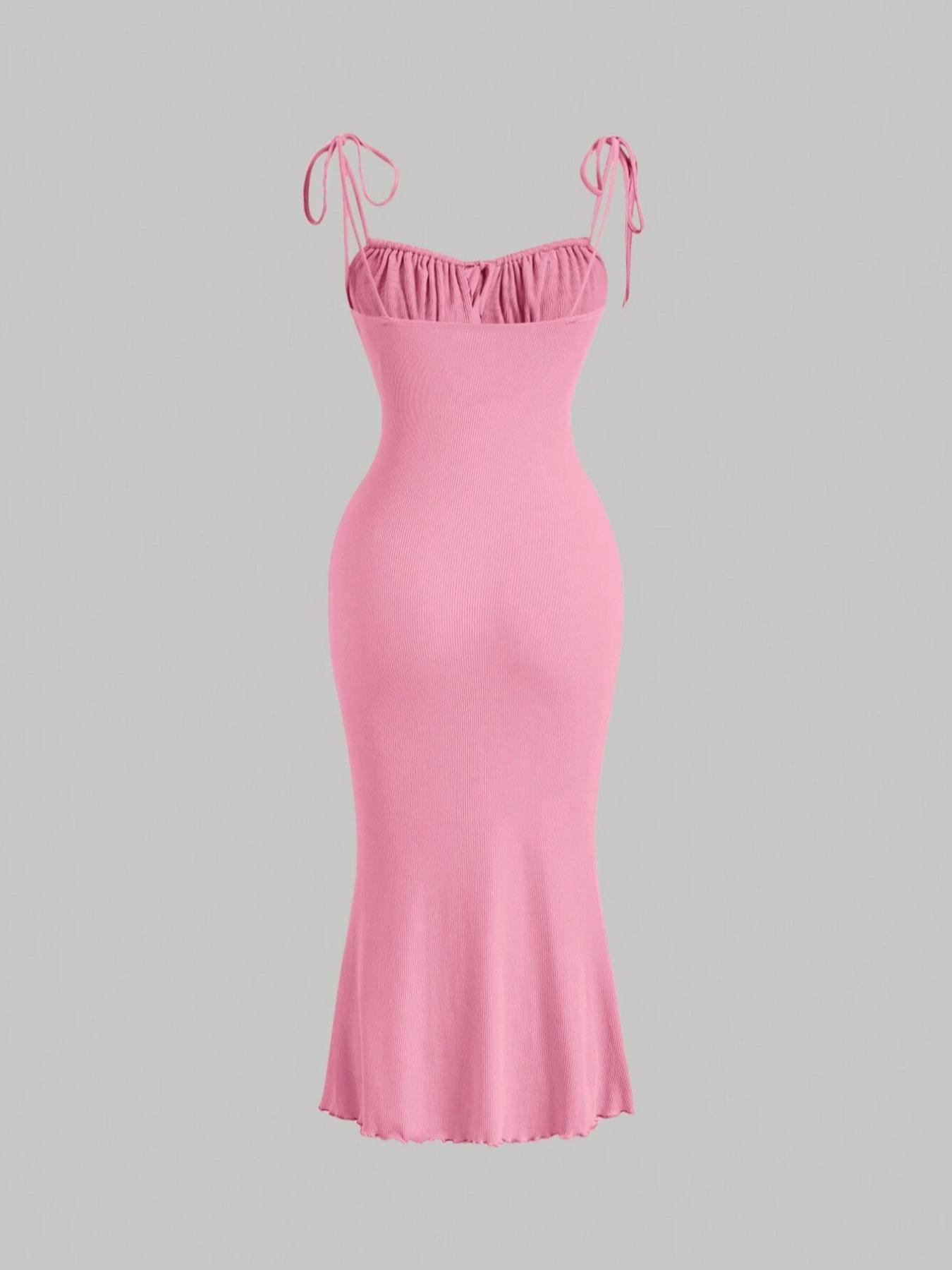 Women's Plain Ruched Lettuce Trim Tie Front Cami Dress, Casual Sleeveless Spaghetti Strap Adjustable Tie Shoulder Long Stretchy Bodycon Dress for Summer, Ladies Clothes for Beach Holiday