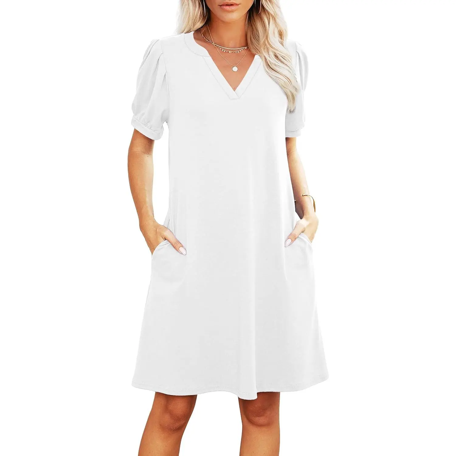 Women's V-Neck Shortsleeve Casual Sundress - Summer Swing Beach Dress with Pockets, Casual Wear (S-3XL), Sundress For Women, Multi-Size, Pocketed Dress, Basic, Large