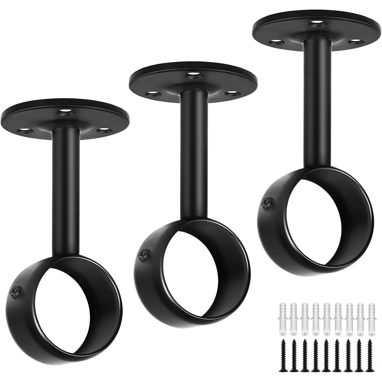 3 Pack Ceiling Curtain Rod Brackets Stainless Steel Wall Ceiling Mount Curtain Rods Holders Hooks Hangers for 1-1/4 Inch Diameter Rod, Black
